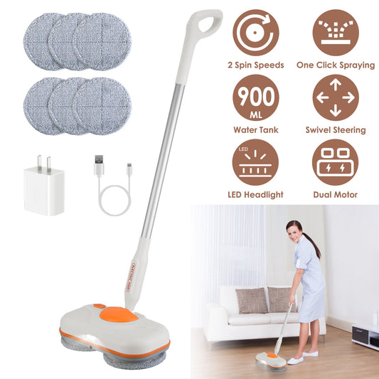 1Pc Dual Motor Cordless Spin Mop Self-Propelled Floor Cleaner With 6 Microfiber Pads 2 Speeds 900ML Water Tank One Click Spraying Headlight For Multiple Floors